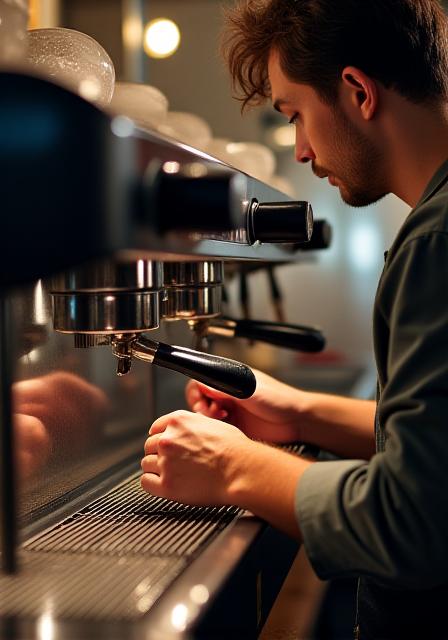 Primer plano de barista profesional operando la máquina de café espresso de diseño italiano