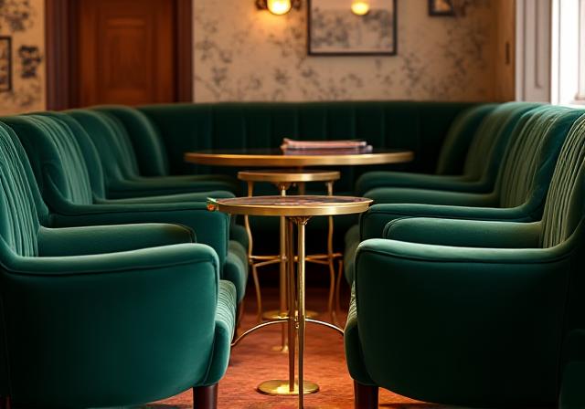 Zona de asientos con cómodos sillones de terciopelo verde y mesas bajas de latón